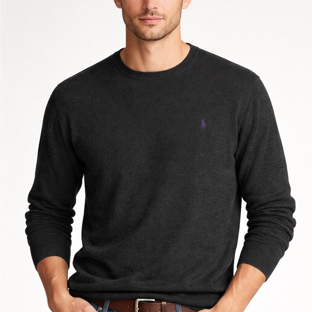 Polo Ralph Lauren Dark Grey Crewneck Cotton Sweater with Purple Pony
